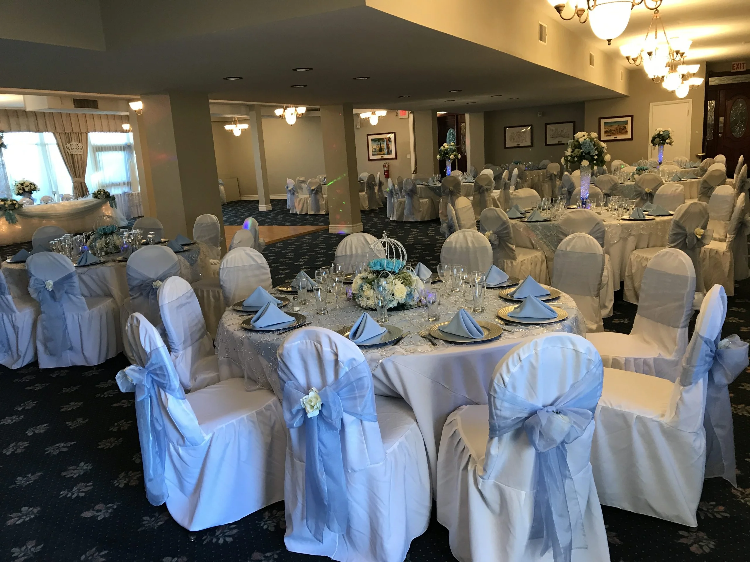 Banquet room prepared for an event at Fiddlers Green