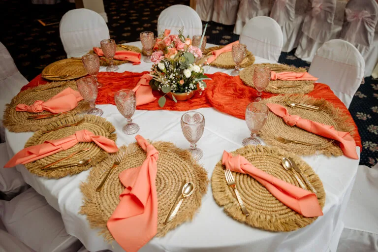 Banquet tables set for a celebration at Fiddlers Green