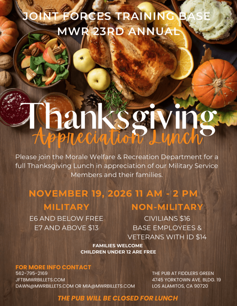 23rd Annual Thanksgiving Appreciation Lunch at The Pub, November 19, 2026, 11 am–2 pm. Military, civilian, veteran, and children’s pricing shown.