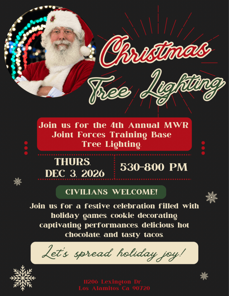 Christmas Tree Lighting at Joint Forces Training Base, December 3, 2026, 5:30–8 pm. Civilians welcome.