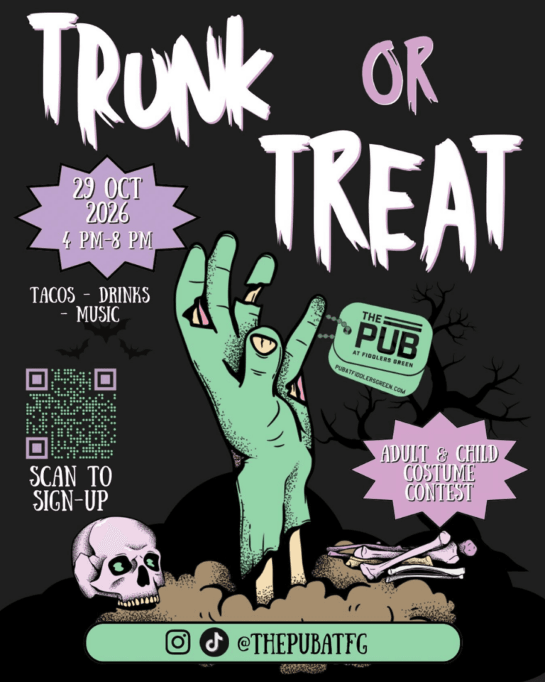 Trunk or Treat at The Pub at Fiddlers Green, October 29, 2026, 4–8 pm. Tacos, drinks, music, and adult and child costume contests.